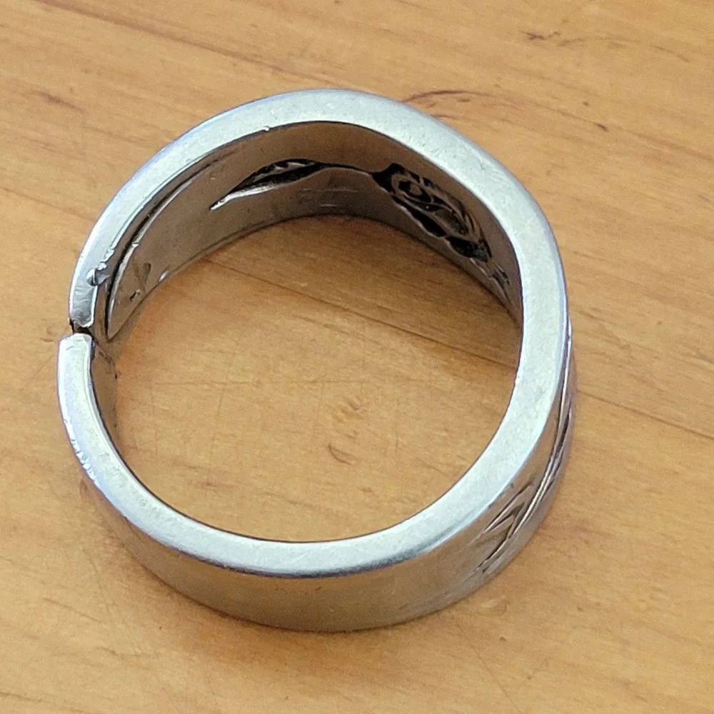 Vintage Floral Rose Spoon Ring Silver Tone Wide Band Size 11.5 12.54g